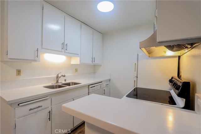 kitchen featuring white cabinets, dishwasher, electric stove, light countertops, and a sink