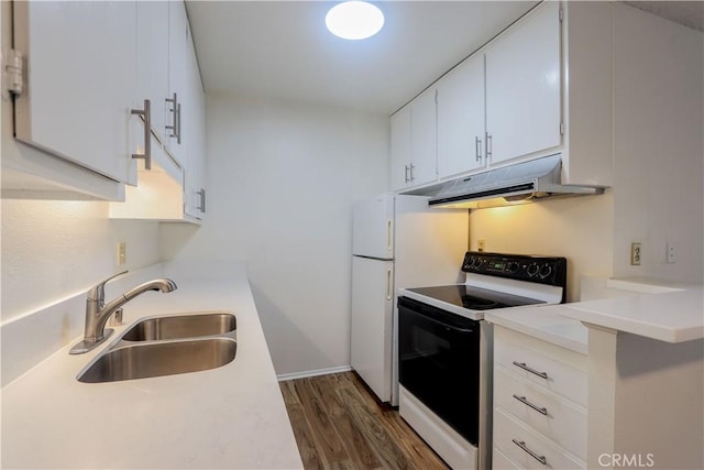 kitchen featuring a sink, under cabinet range hood, light countertops, and electric stove