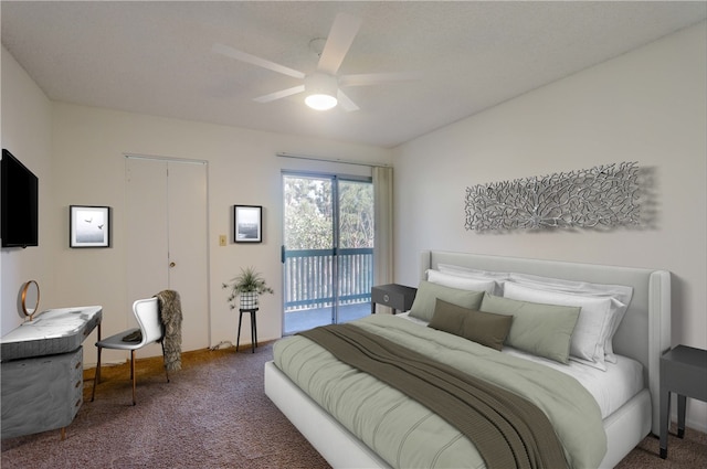 bedroom featuring ceiling fan, access to outside, and dark carpet