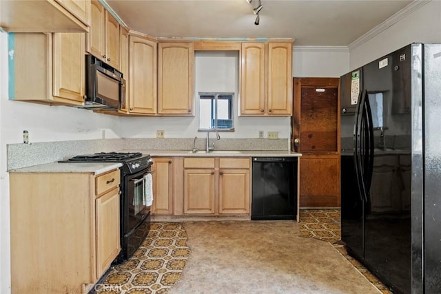 kitchen featuring a sink, black appliances, light brown cabinetry, and crown molding