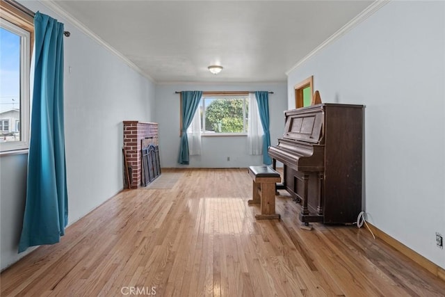 living area with light wood-type flooring, a fireplace, and crown molding