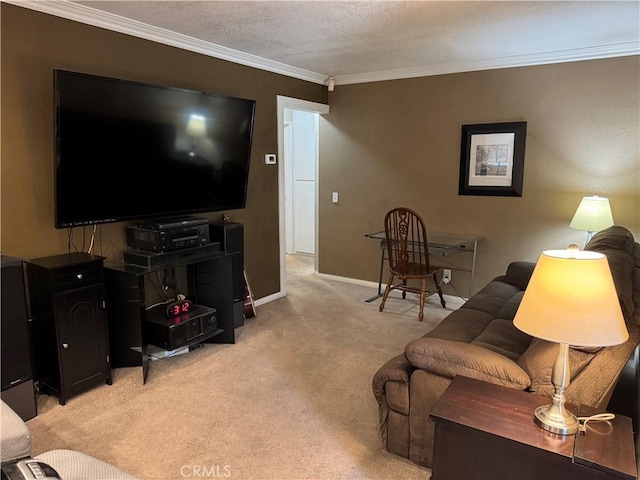 living area featuring ornamental molding, light colored carpet, a textured ceiling, and baseboards