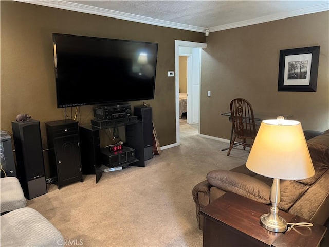 living room with light carpet, crown molding, and baseboards