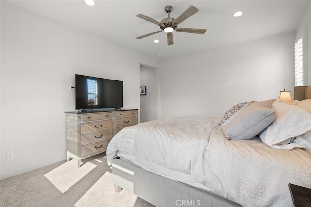 bedroom featuring baseboards, carpet flooring, a ceiling fan, and recessed lighting