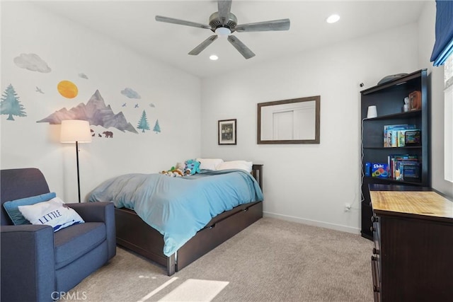 bedroom featuring light carpet, ceiling fan, baseboards, and recessed lighting