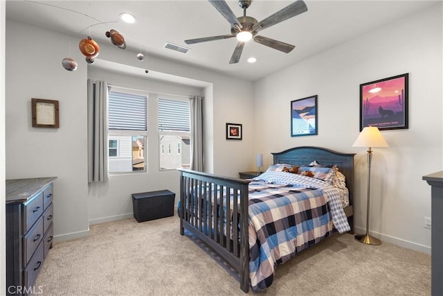 bedroom with light carpet, baseboards, visible vents, and recessed lighting