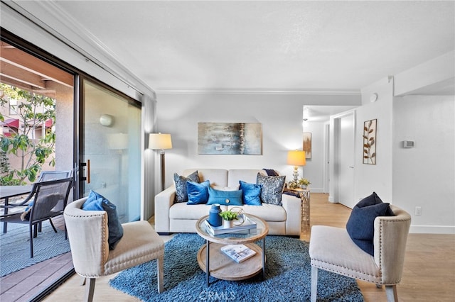 living room featuring ornamental molding, light wood-style floors, and baseboards