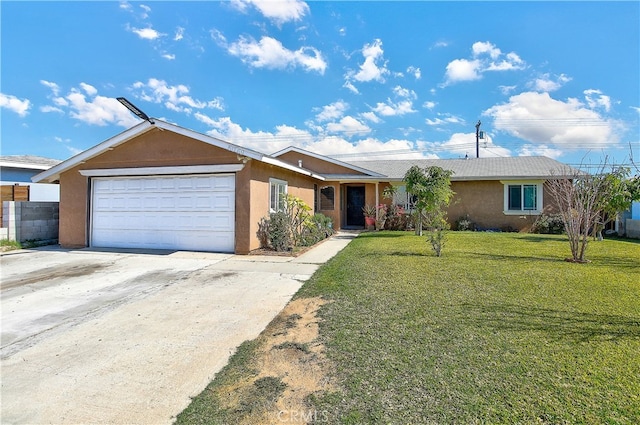 ranch-style house with an attached garage, driveway, a front yard, and stucco siding