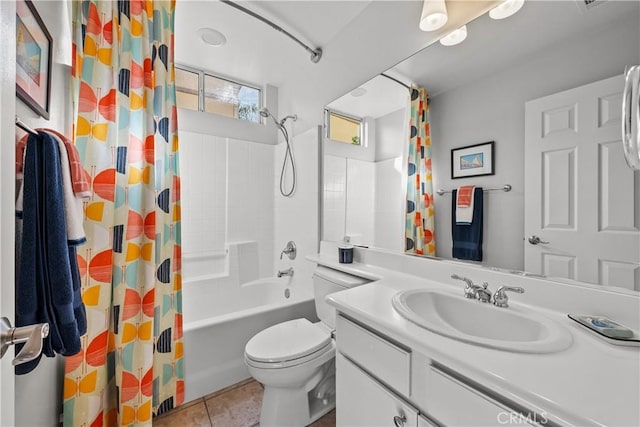 bathroom with vanity, shower / tub combo, tile patterned flooring, and toilet