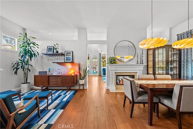 living area featuring baseboards, wood finished floors, and a glass covered fireplace