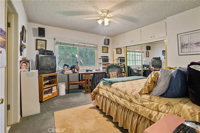 carpeted bedroom with ceiling fan, multiple windows, a closet, and a textured ceiling