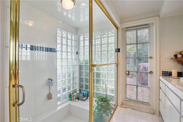 bathroom with vanity and tile patterned floors