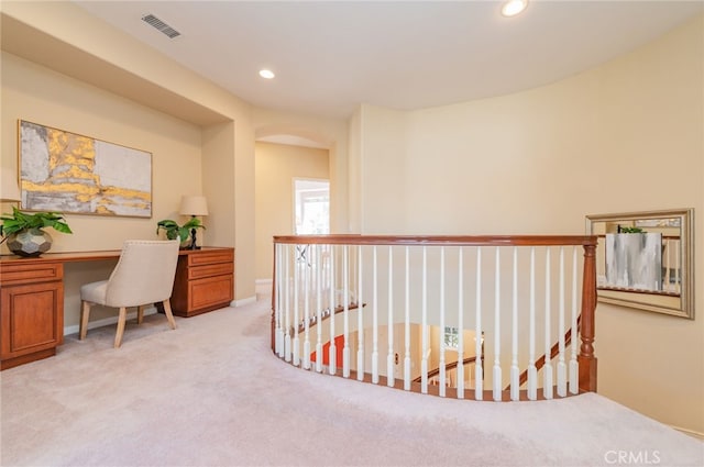 office area with baseboards, light colored carpet, visible vents, and recessed lighting