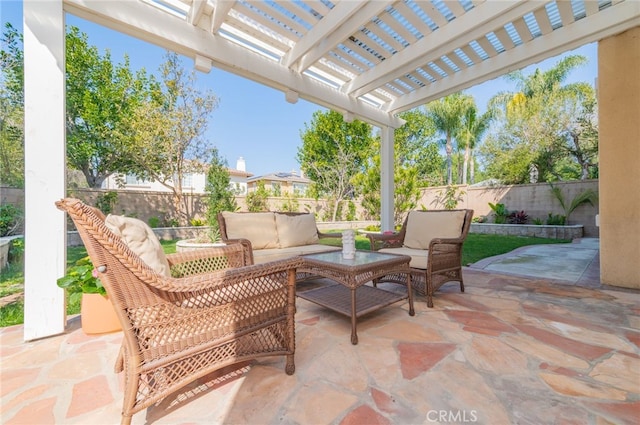 view of patio featuring a fenced backyard, an outdoor hangout area, and a pergola