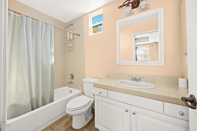 bathroom featuring vanity, tile patterned flooring, toilet, and shower / bathtub combination with curtain