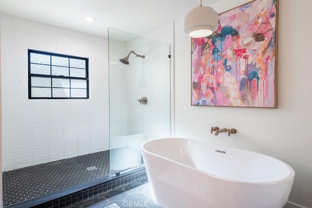 6164 Fenwood Ave, Woodland Hills, CA 91367 - full bath with a soaking tub, tiled shower, tile patterned floors, and recessed lighting