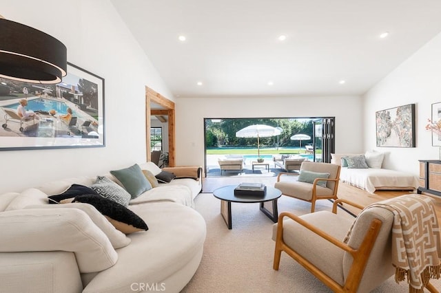 6164 Fenwood Ave, Woodland Hills, CA 91367 - living area featuring lofted ceiling, recessed lighting, and carpet flooring