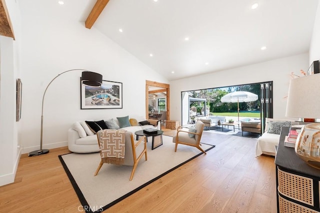 6164 Fenwood Ave, Woodland Hills, CA 91367 - living room featuring recessed lighting, beamed ceiling, light wood-style flooring, high vaulted ceiling, and baseboards
