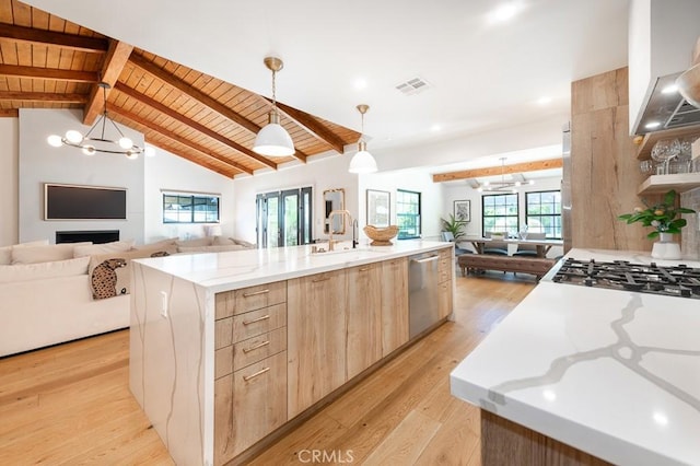 6164 Fenwood Ave, Woodland Hills, CA 91367 - kitchen featuring open floor plan, light brown cabinets, modern cabinets, a sink, and wooden ceiling