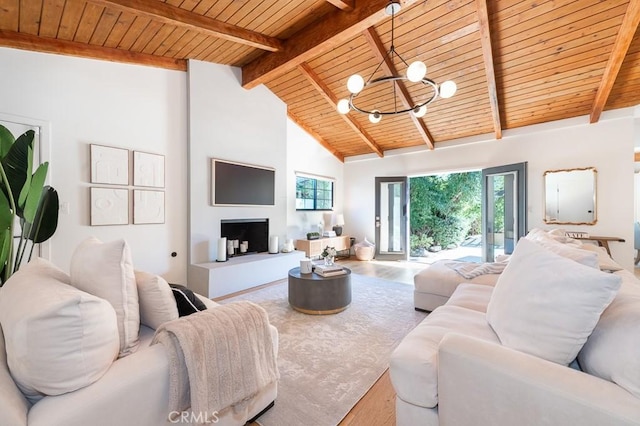 6164 Fenwood Ave, Woodland Hills, CA 91367 - living room featuring wooden ceiling with exposed beams, wood finished floors, a chandelier, and high vaulted ceiling