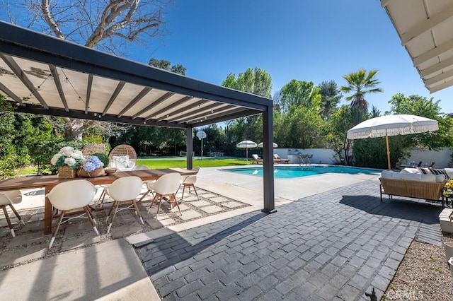 view of pool featuring a patio, fence, and a fenced in pool