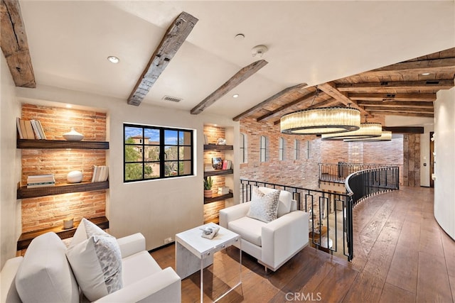31 Blue Heron, Irvine, CA 92603 - sitting room with hardwood / wood-style floors, an upstairs landing, vaulted ceiling with beams, and visible vents