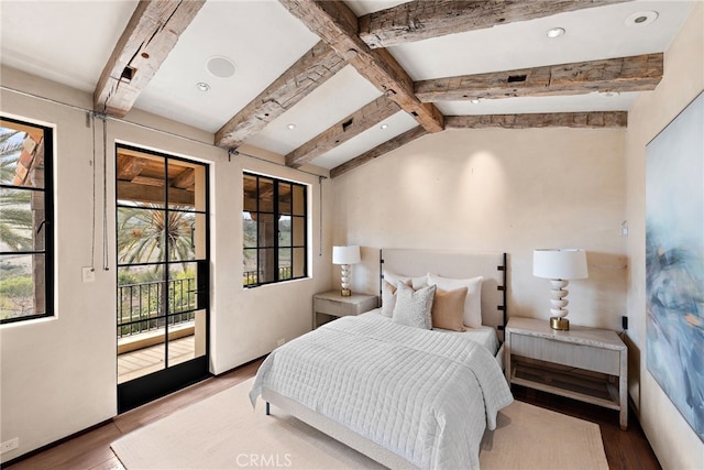 bedroom with access to outside, vaulted ceiling with beams, recessed lighting, and wood finished floors