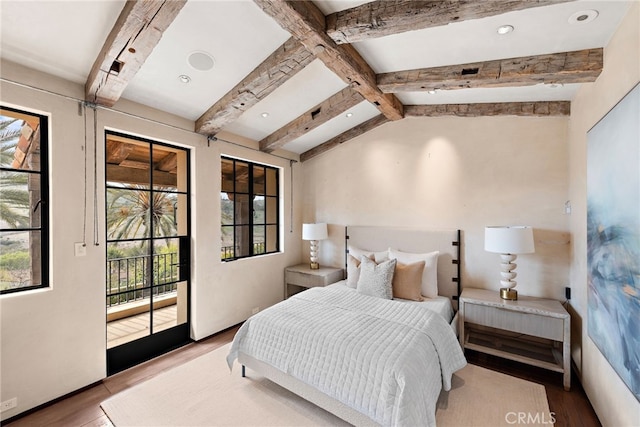 31 Blue Heron, Irvine, CA 92603 - bedroom featuring vaulted ceiling with beams, access to exterior, wood finished floors, and recessed lighting