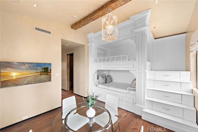 31 Blue Heron, Irvine, CA 92603 - dining room featuring wood finished floors, beamed ceiling, a chandelier, and visible vents