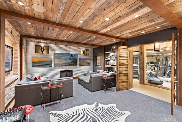 carpeted living area featuring wooden ceiling, beam ceiling, and recessed lighting