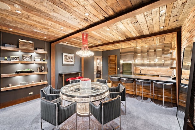 dining room featuring carpet floors, wooden ceiling, a notable chandelier, and beam ceiling