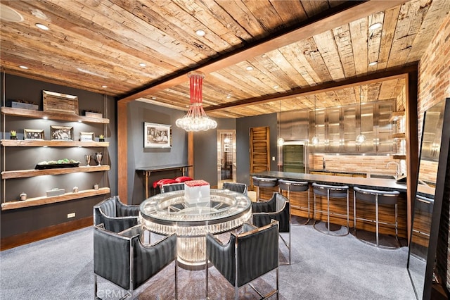 31 Blue Heron, Irvine, CA 92603 - carpeted dining area featuring a notable chandelier, wooden ceiling, and beam ceiling