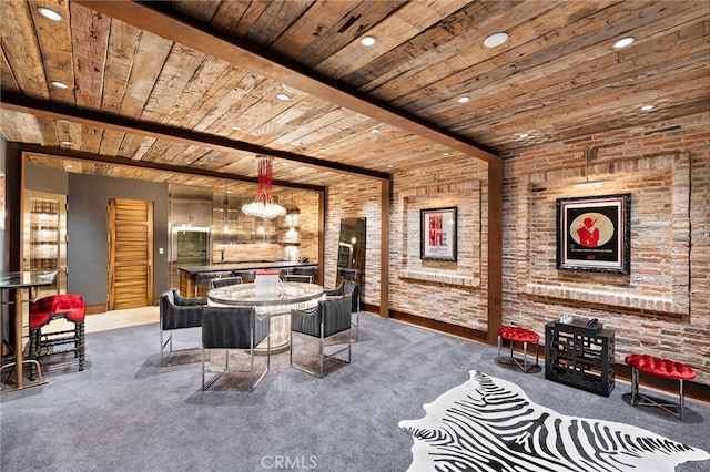 dining area with carpet floors, recessed lighting, brick wall, wooden ceiling, and beamed ceiling