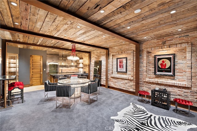 31 Blue Heron, Irvine, CA 92603 - carpeted dining area featuring recessed lighting, wooden ceiling, brick wall, beamed ceiling, and a notable chandelier