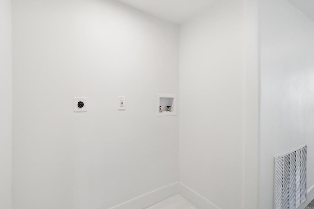 laundry room featuring laundry area, baseboards, visible vents, hookup for a washing machine, and electric dryer hookup