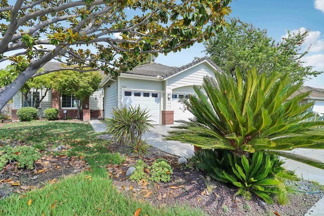 view of property hidden behind natural elements with a garage, driveway, and brick siding