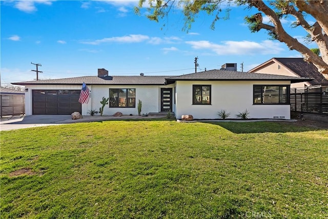 ranch-style house featuring an attached garage, fence, concrete driveway, a chimney, and a front yard