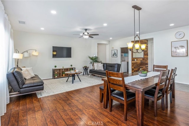 dining area with recessed lighting, dark wood-style flooring, visible vents, and ceiling fan