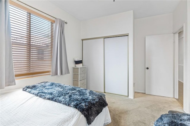 bedroom featuring a closet and light colored carpet