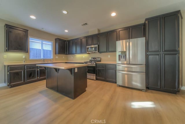 kitchen featuring stainless steel appliances, visible vents, a kitchen breakfast bar, light countertops, and a center island