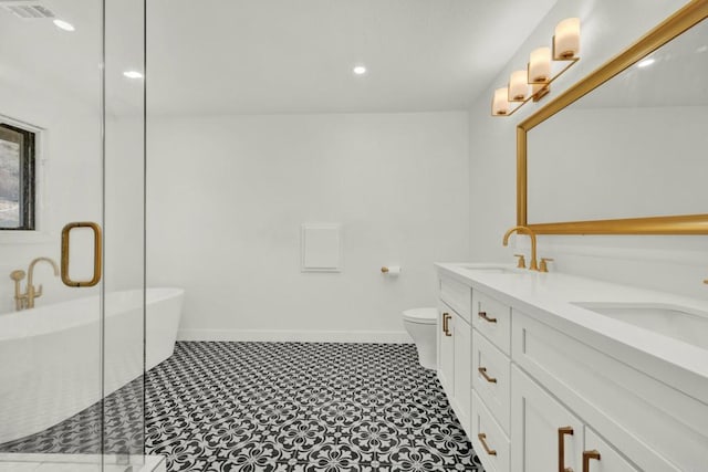 29345 Wilkes Rd, Valley Center, CA 92082 - bathroom featuring a soaking tub, double vanity, a shower stall, and recessed lighting