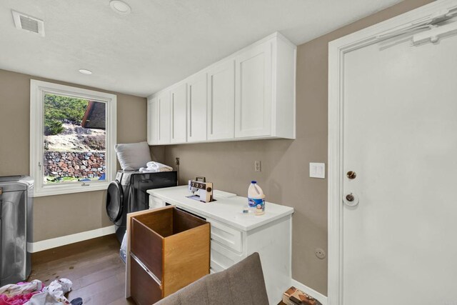 29345 Wilkes Rd, Valley Center, CA 92082 - laundry room with separate washer and dryer, dark wood-style flooring, cabinet space, a desk, and recessed lighting