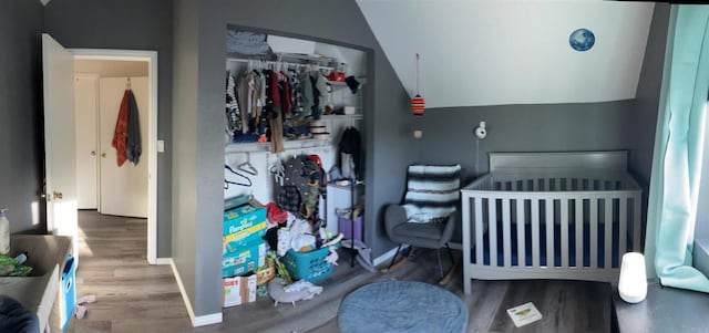 bedroom with lofted ceiling, a closet, wood finished floors, and baseboards