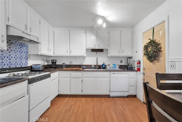 kitchen with light wood-style floors, white appliances, white cabinets, and under cabinet range hood