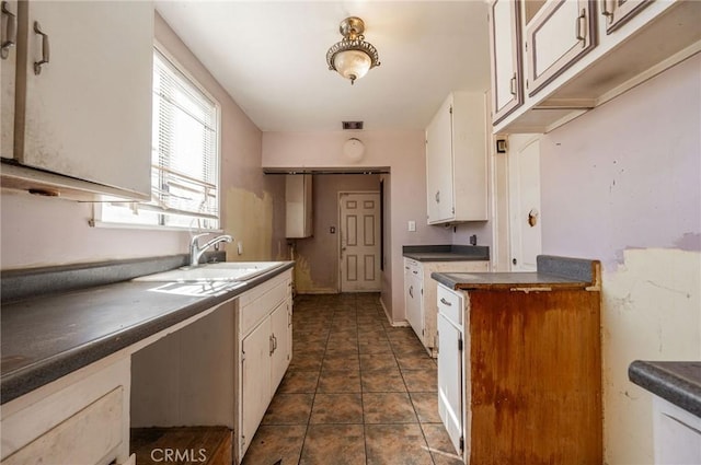 kitchen featuring dark countertops, visible vents, white cabinets, a sink, and dark tile patterned floors