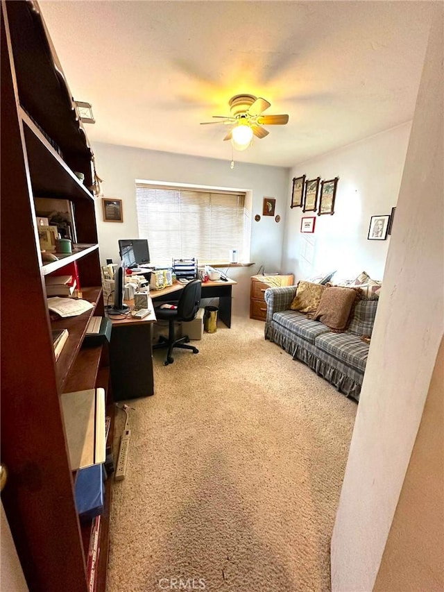 office with carpet floors and a ceiling fan