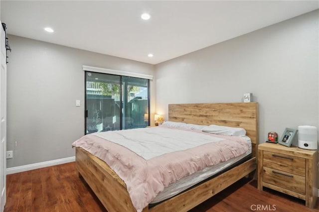 bedroom with recessed lighting, baseboards, wood finished floors, and access to outside