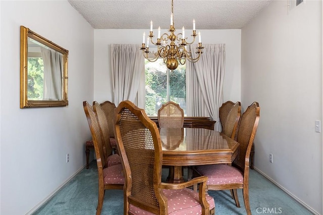 dining area with carpet floors, visible vents, a textured ceiling, and an inviting chandelier