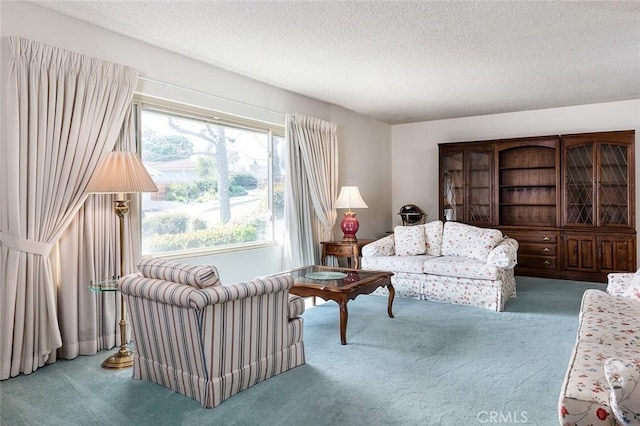 living room with carpet floors and a textured ceiling