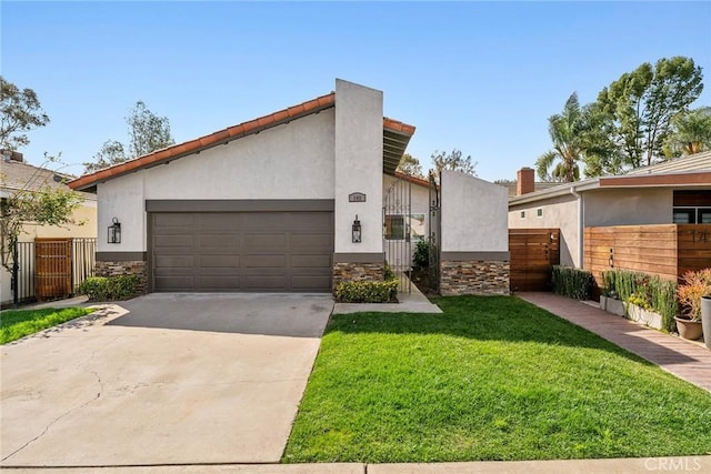 view of front of property with stucco siding, concrete driveway, an attached garage, fence, and stone siding